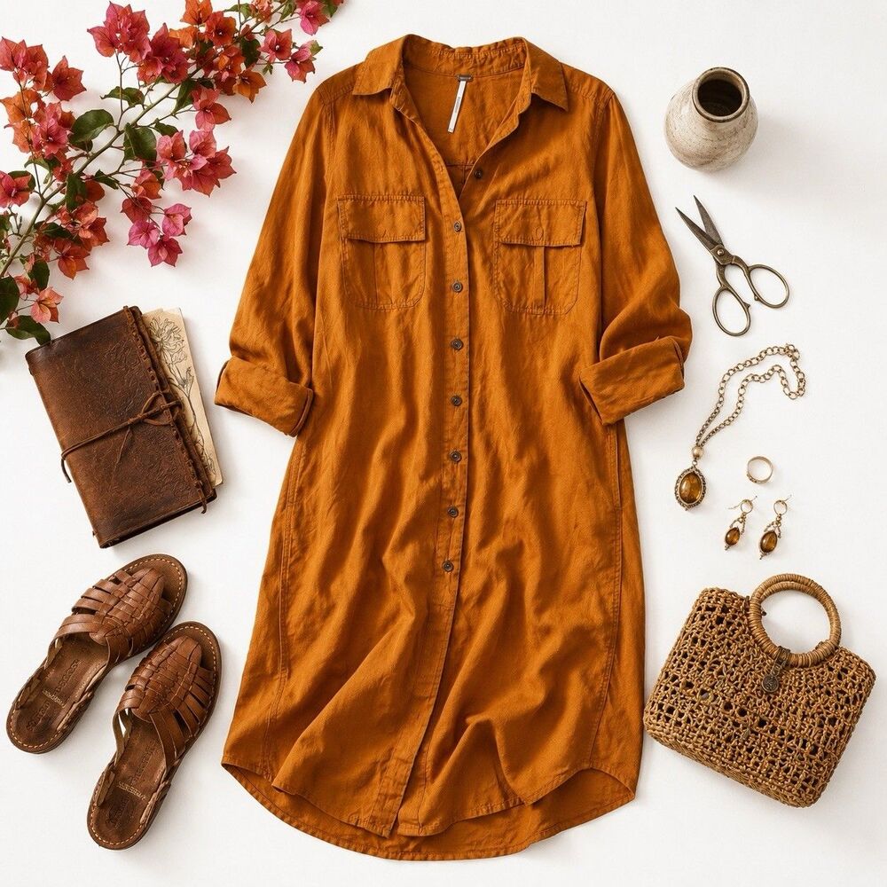Free People 100% Silk Shirt Dress Copper Bronze Maxi Swim Coverup Boho Summer